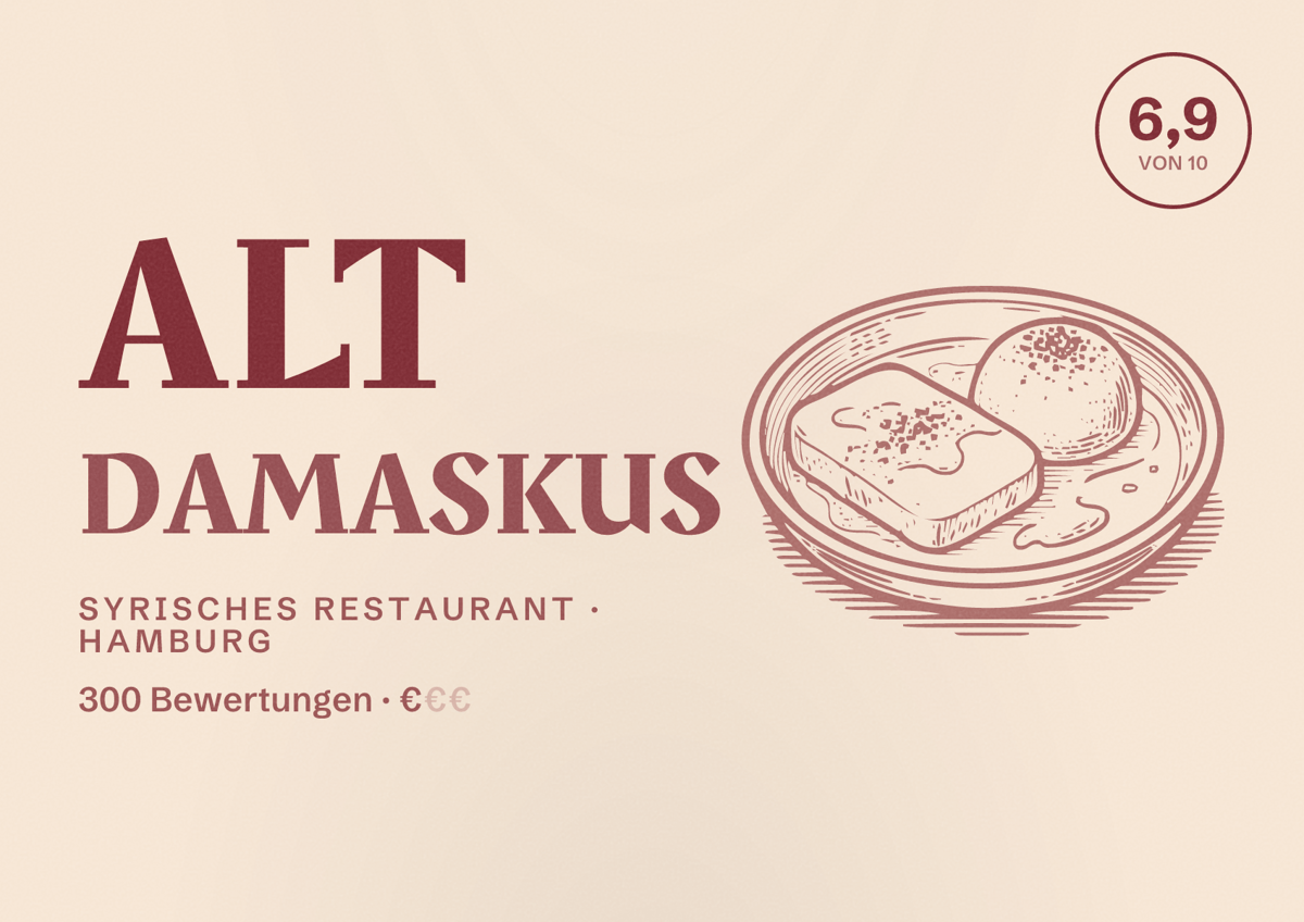 Illustriertes Poster von ALT DAMASKUS, Syrisches Restaurant in Hamburg: Bewertung 6,9 von 10 aus 300 Bewertungen, Preisniveau €