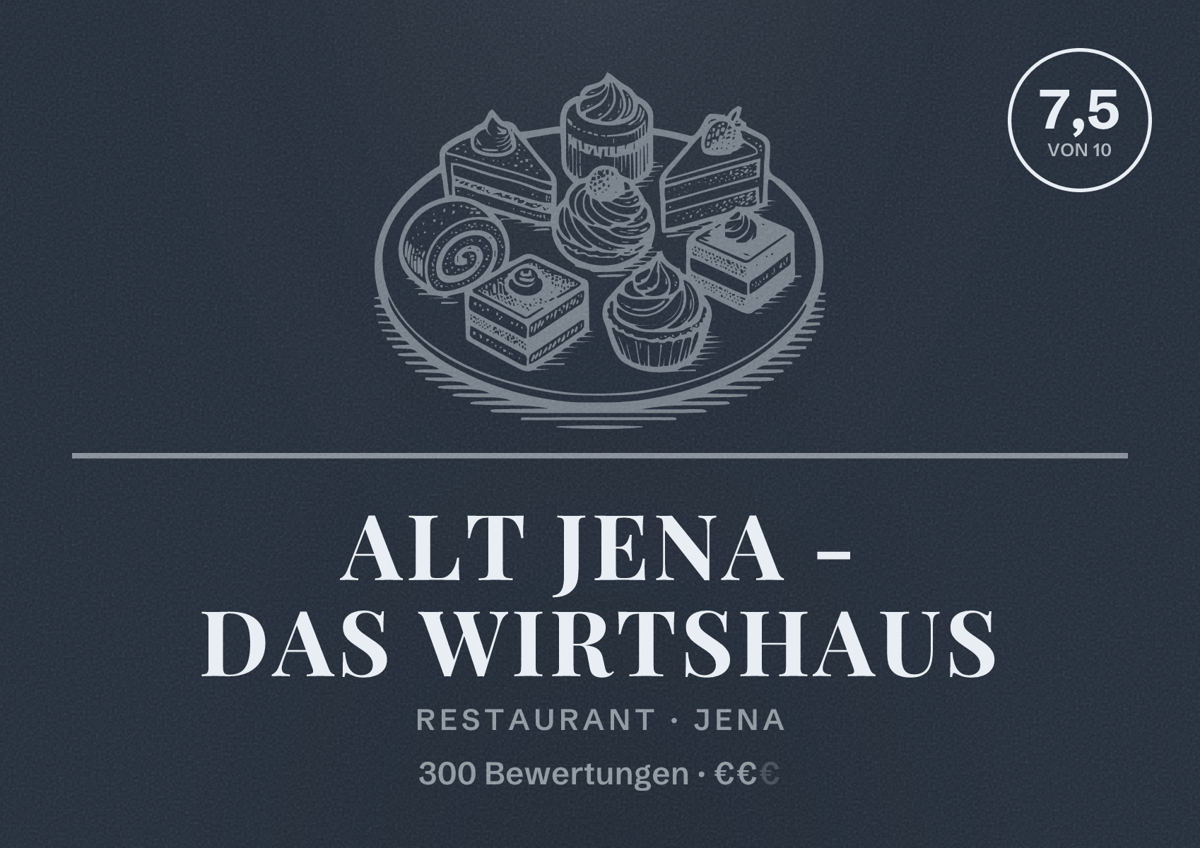Illustriertes Poster von Alt Jena - Das Wirtshaus, Restaurant in Jena: Bewertung 7,5 von 10 aus 300 Bewertungen, Preisniveau €€