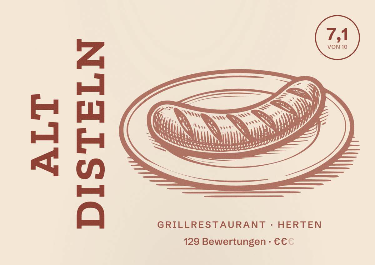 Illustriertes Poster von Alt Disteln, Grillrestaurant in Herten: Bewertung 7,1 von 10 aus 129 Bewertungen, Preisniveau €€