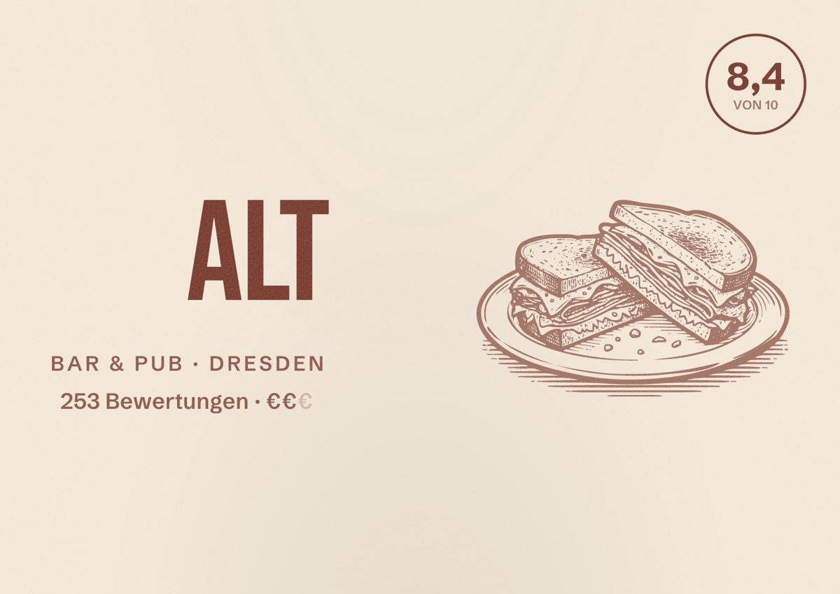 Illustriertes Poster von Alt, Bar & Pub in Dresden: Bewertung 8,4 von 10 aus 253 Bewertungen, Preisniveau €€