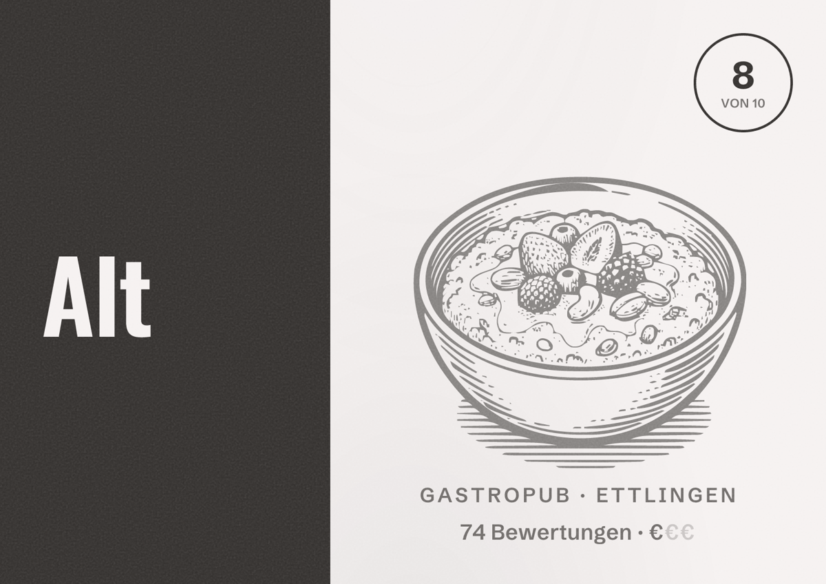 Illustriertes Poster von Alt, Gastropub in Ettlingen: Bewertung 8 von 10 aus 74 Bewertungen, Preisniveau €