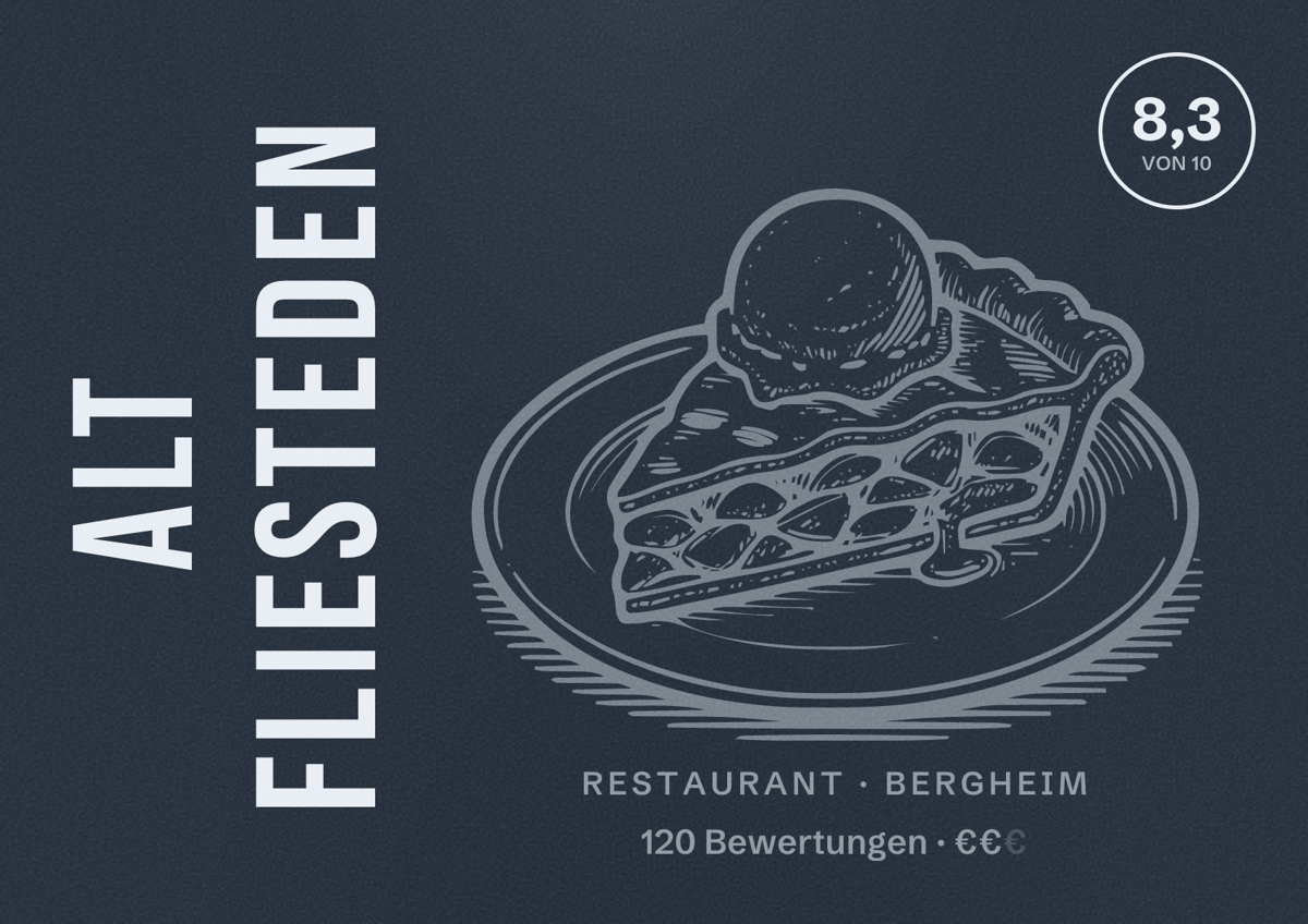 Illustriertes Poster von Alt Fliesteden, Restaurant in Bergheim: Bewertung 8,3 von 10 aus 120 Bewertungen, Preisniveau €€