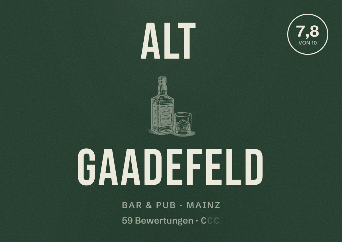 Illustriertes Poster von Alt Gaadefeld, Bar & Pub in Mainz: Bewertung 7,8 von 10 aus 59 Bewertungen, Preisniveau €