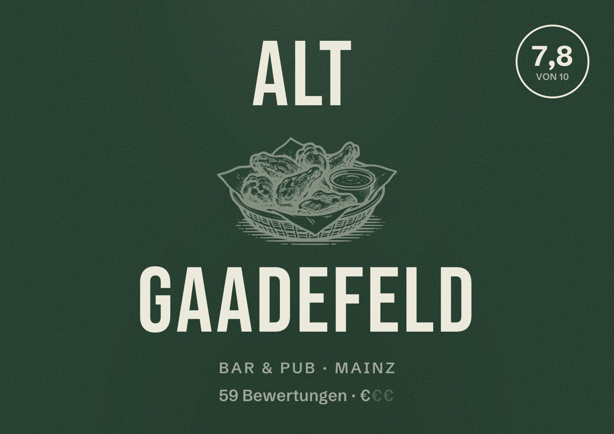 Illustriertes Poster von Alt Gaadefeld, Bar & Pub in Mainz: Bewertung 7,8 von 10 aus 59 Bewertungen, Preisniveau €