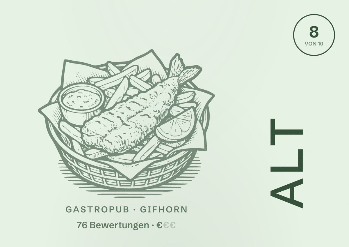 Illustriertes Poster von Alt, Gastropub in Gifhorn: Bewertung 8 von 10 aus 76 Bewertungen, Preisniveau €