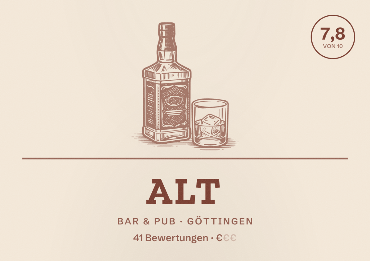Illustriertes Poster von Alt, Bar & Pub in Göttingen: Bewertung 7,8 von 10 aus 41 Bewertungen, Preisniveau €