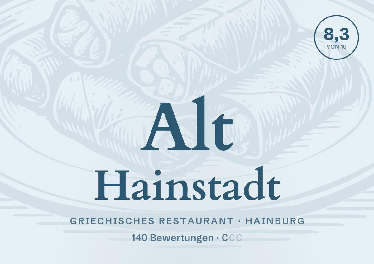 Illustriertes Poster von Alt Hainstadt, Griechisches Restaurant in Hainburg: Bewertung 8,3 von 10 aus 140 Bewertungen, Preisniveau €