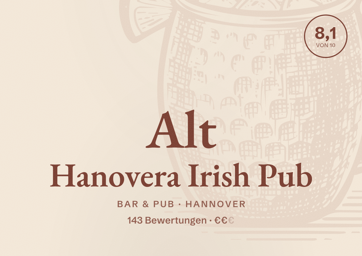Illustriertes Poster von Alt Hanovera Irish Pub, Bar & Pub in Hannover: Bewertung 8,1 von 10 aus 143 Bewertungen, Preisniveau €€