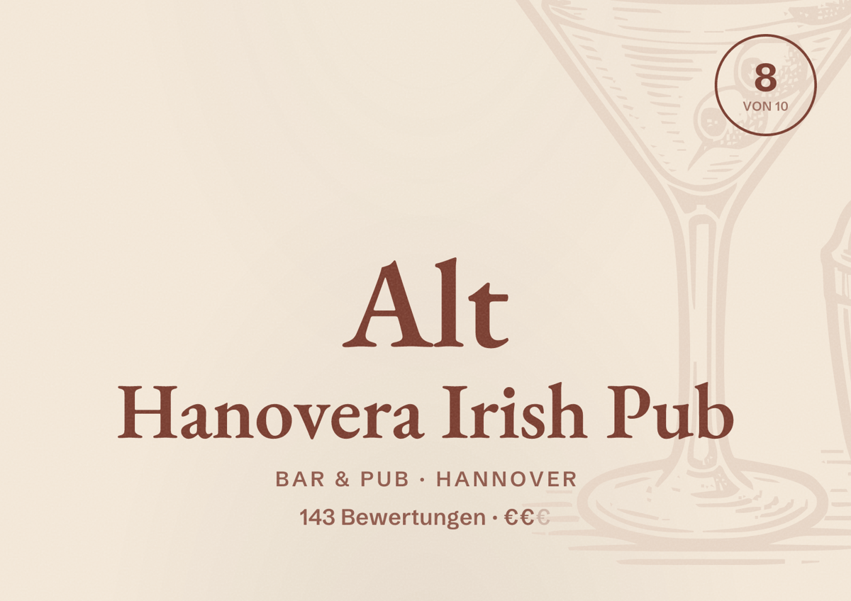 Illustriertes Poster von Alt Hanovera Irish Pub, Bar & Pub in Hannover: Bewertung 8,0 von 10 aus 143 Bewertungen, Preisniveau €€