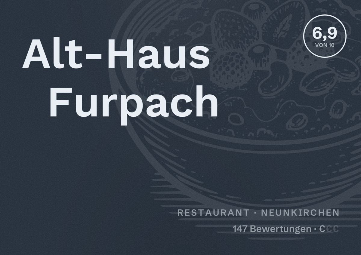 Illustriertes Poster von Alt-Haus Furpach, Restaurant in Neunkirchen: Bewertung 6,9 von 10 aus 147 Bewertungen, Preisniveau €