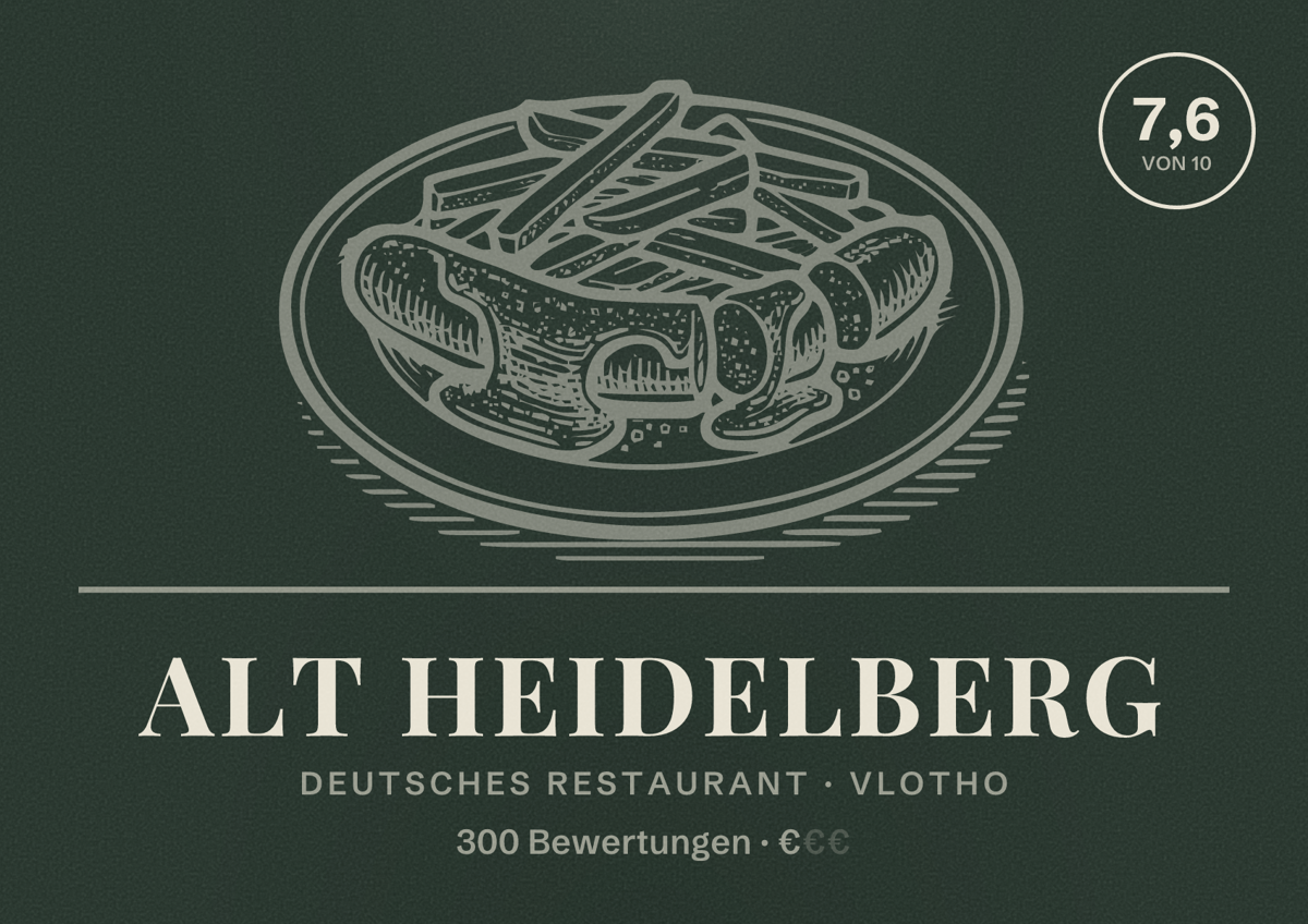 Illustriertes Poster von Alt Heidelberg, Deutsches Restaurant in Vlotho: Bewertung 7,6 von 10 aus 300 Bewertungen, Preisniveau €