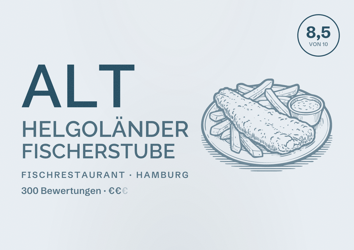 Illustriertes Poster von Alt Helgoländer Fischerstube, Fischrestaurant in Hamburg: Bewertung 8,5 von 10 aus 300 Bewertungen, Preisniveau €€