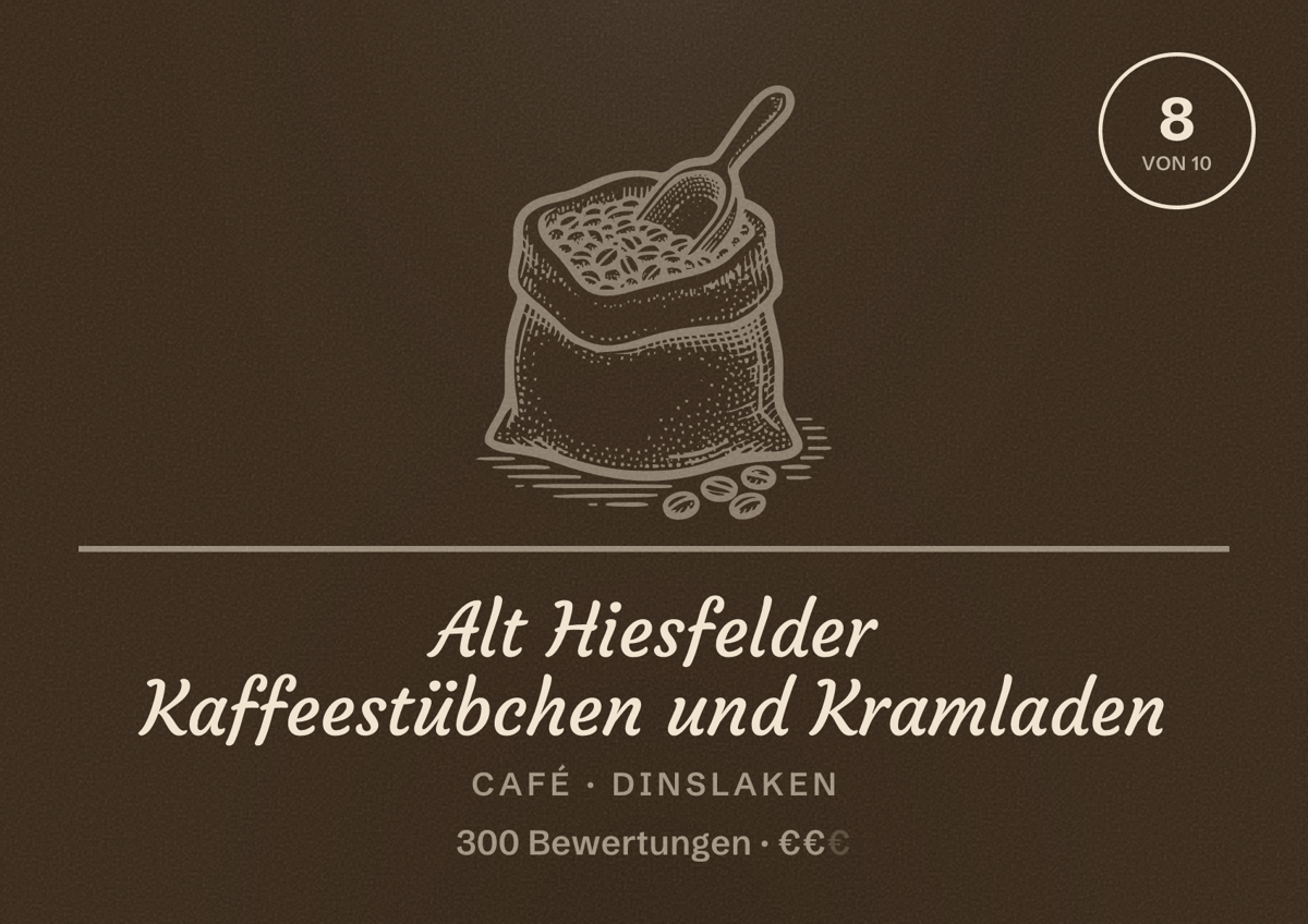 Illustriertes Poster von Alt Hiesfelder Kaffeestübchen und Kramladen, Café in Dinslaken: Bewertung 8 von 10 aus 300 Bewertungen, Preisniveau €€