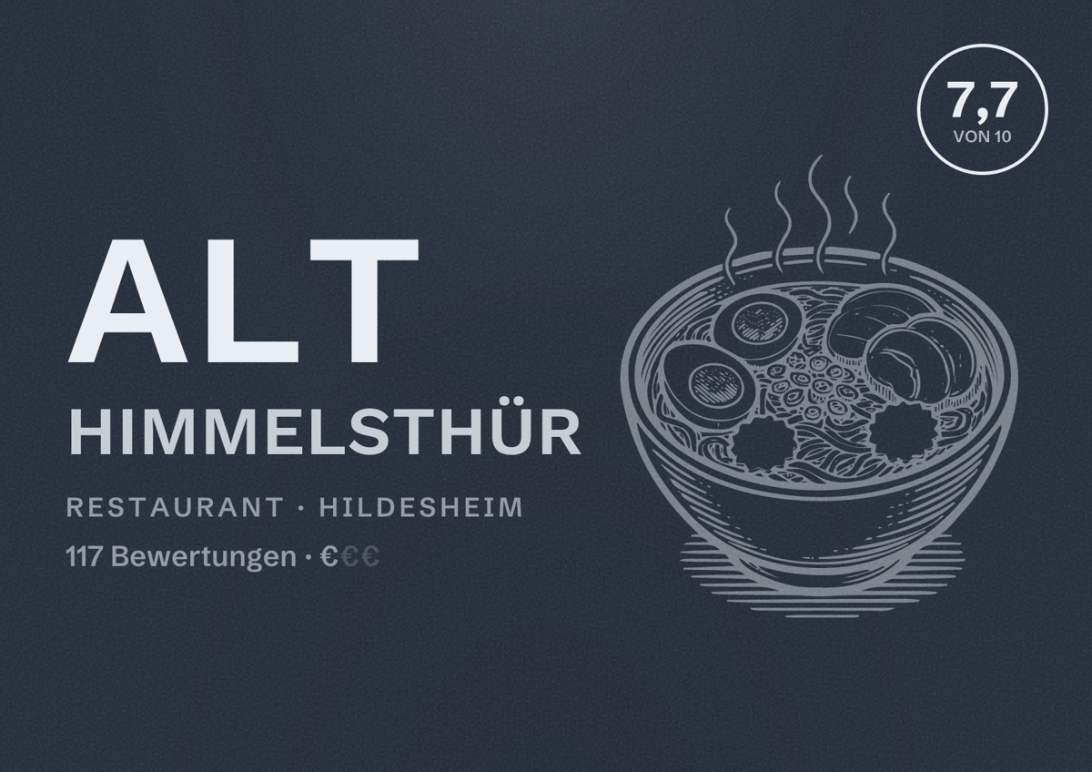 Illustriertes Poster von Alt Himmelsthür, Restaurant in Hildesheim: Bewertung 7,7 von 10 aus 117 Bewertungen, Preisniveau €