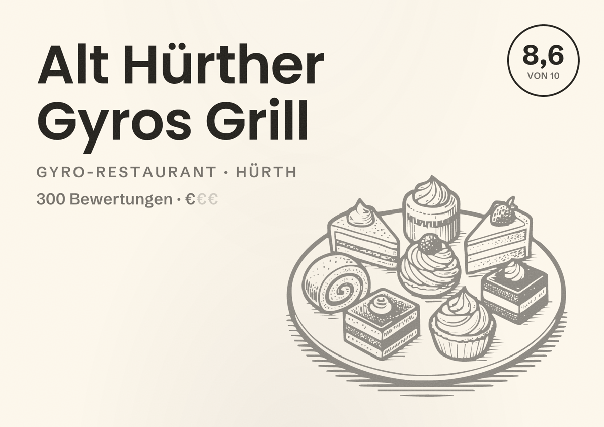 Illustriertes Poster von Alt Hürther Gyros Grill, Gyro-Restaurant in Hürth: Bewertung 8,6 von 10 aus 300 Bewertungen, Preisniveau €