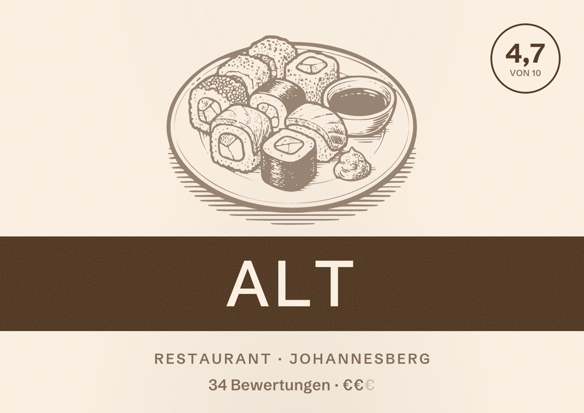 Illustriertes Poster von Alt, Restaurant in Johannesberg: Bewertung 4,7 von 10 aus 34 Bewertungen, Preisniveau €€