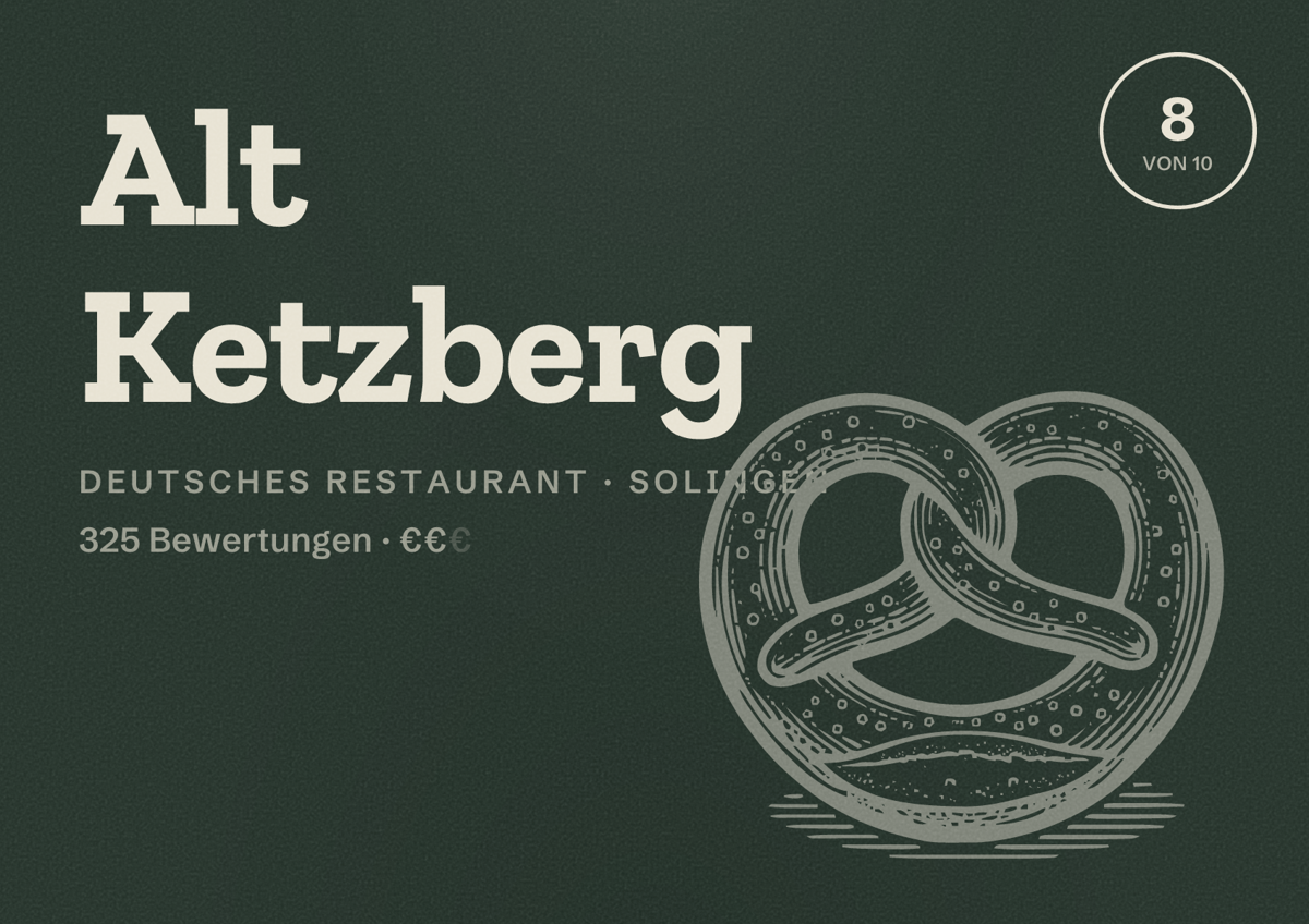 Illustriertes Poster von Alt Ketzberg, Deutsches Restaurant in Solingen: Bewertung 8,0 von 10 aus 325 Bewertungen, Preisniveau €€