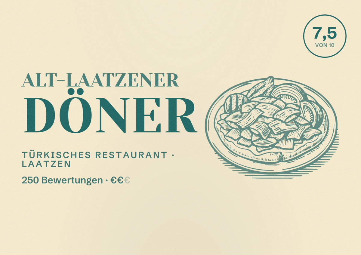 Illustriertes Poster von Alt-Laatzener Döner, Türkisches Restaurant in Laatzen: Bewertung 7,5 von 10 aus 250 Bewertungen, Preisniveau €€