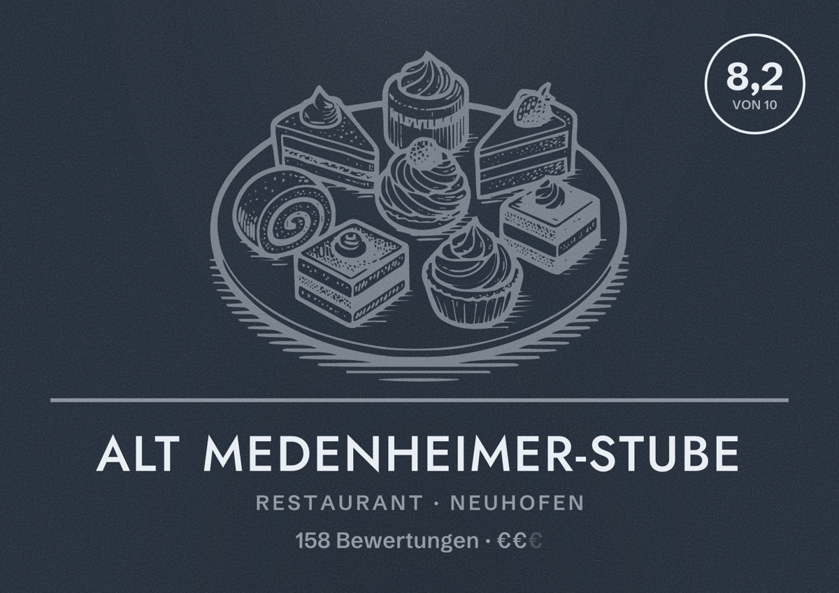 Illustriertes Poster von Alt Medenheimer-Stube, Restaurant in Neuhofen: Bewertung 8,2 von 10 aus 158 Bewertungen, Preisniveau €€