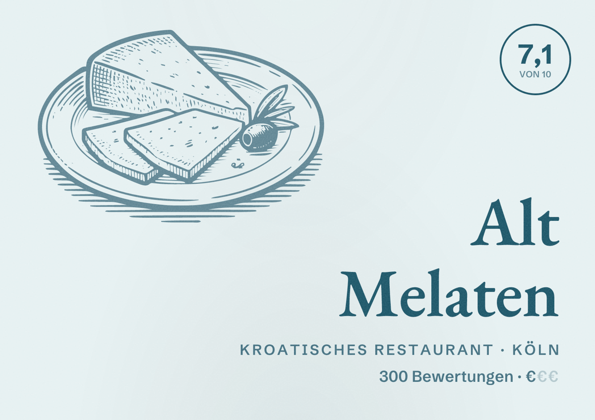 Illustriertes Poster von Alt Melaten, Kroatisches Restaurant in Köln: Bewertung 7,1 von 10 aus 300 Bewertungen, Preisniveau €