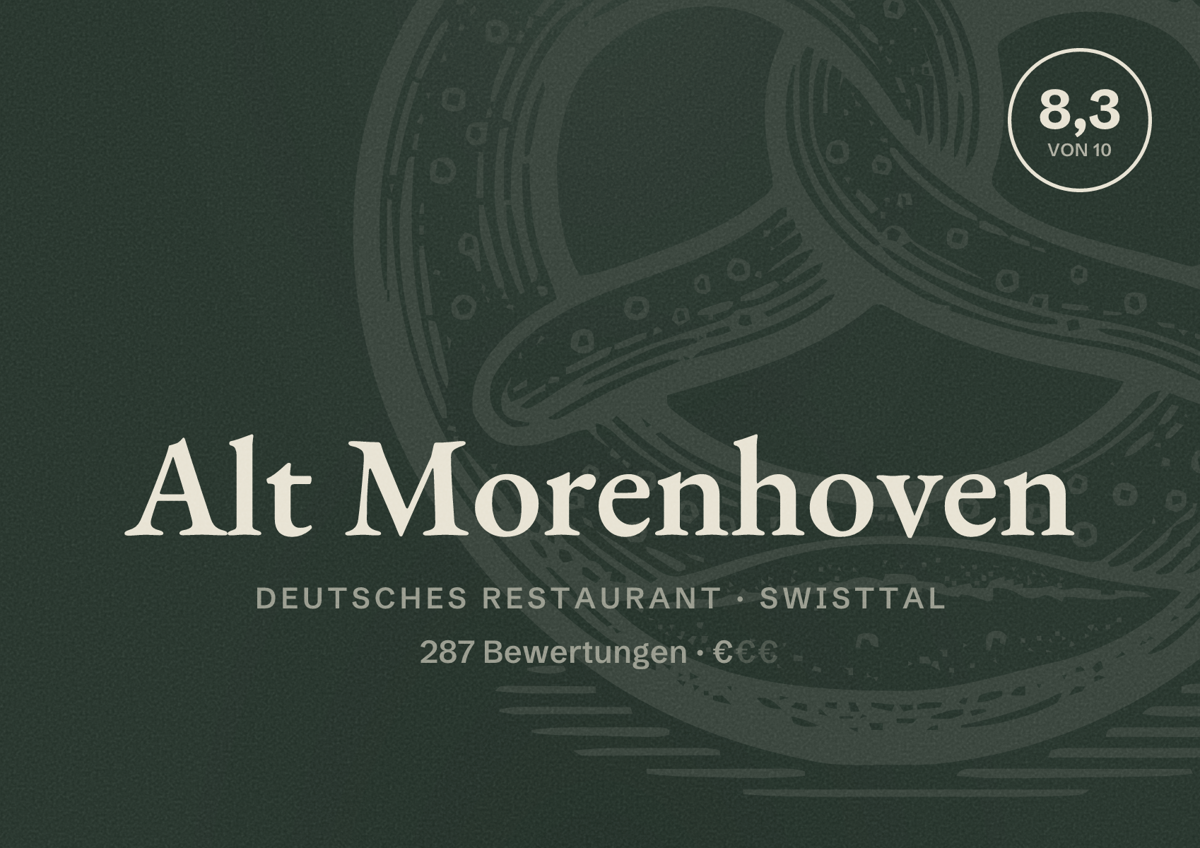 Illustriertes Poster von Alt Morenhoven, Deutsches Restaurant in Swisttal: Bewertung 8,3 von 10 aus 287 Bewertungen, Preisniveau €