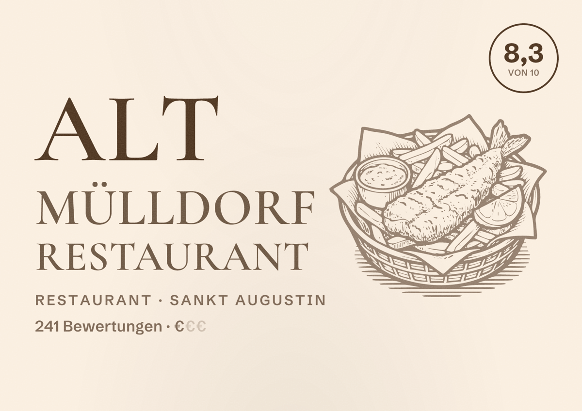 Illustriertes Poster von Alt Mülldorf Restaurant, Restaurant in Sankt Augustin: Bewertung 8,3 von 10 aus 241 Bewertungen, Preisniveau €