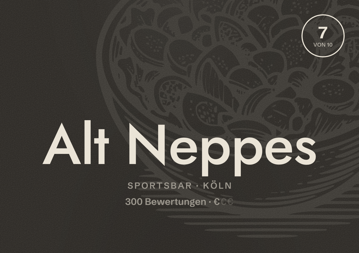 Illustriertes Poster von Alt Neppes, Sportsbar in Köln: Bewertung 7,0 von 10 aus 300 Bewertungen, Preisniveau €