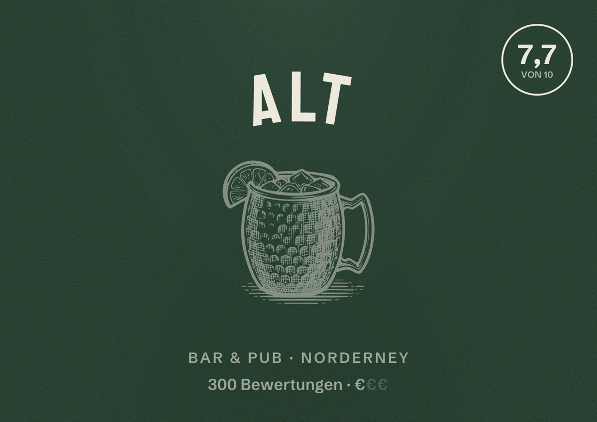 Illustriertes Poster von Alt, Bar & Pub in Norderney: Bewertung 7,7 von 10 aus 300 Bewertungen, Preisniveau €