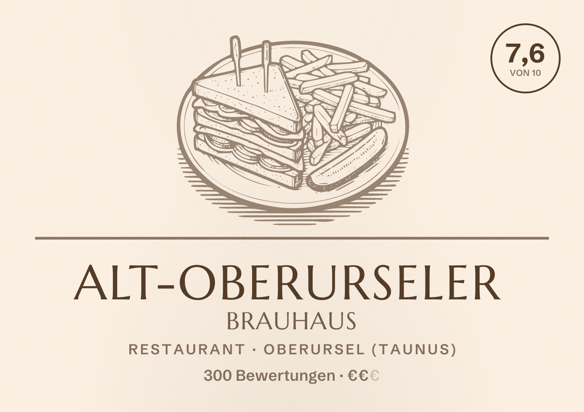 Illustriertes Poster von Alt-Oberurseler Brauhaus, Restaurant in Oberursel (Taunus): Bewertung 7,6 von 10 aus 300 Bewertungen, Preisniveau €€