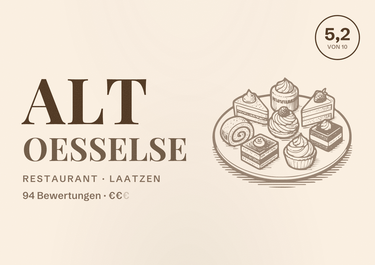 Illustriertes Poster von Alt Oesselse, Restaurant in Laatzen: Bewertung 5,2 von 10 aus 94 Bewertungen, Preisniveau €€
