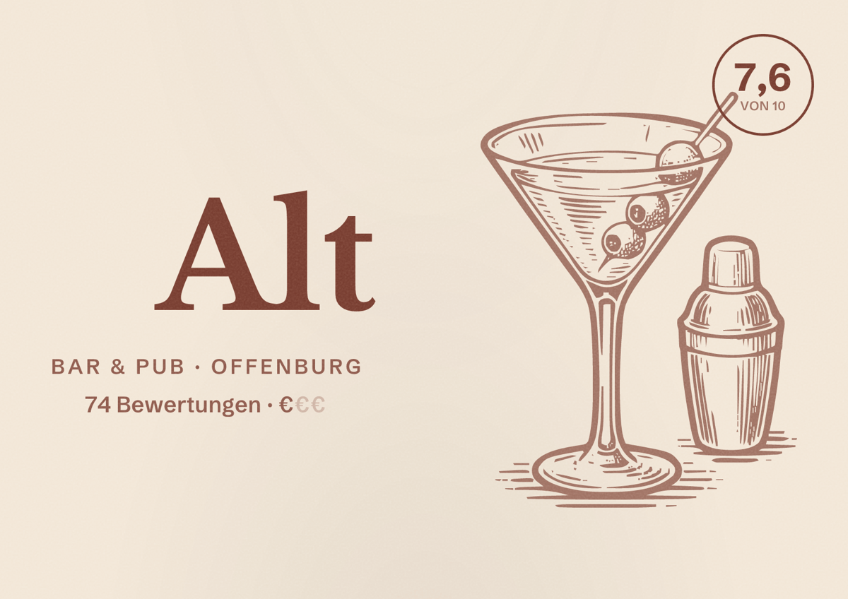 Illustriertes Poster von Alt, Bar & Pub in Offenburg: Bewertung 7,6 von 10 aus 74 Bewertungen, Preisniveau €