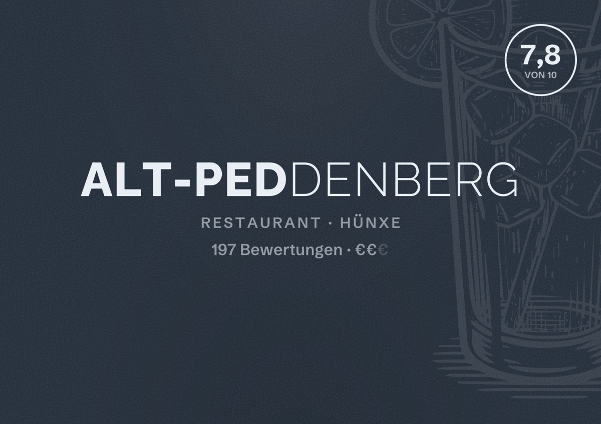Illustriertes Poster von Alt-Peddenberg, Restaurant in Hünxe: Bewertung 7,8 von 10 aus 197 Bewertungen, Preisniveau €€