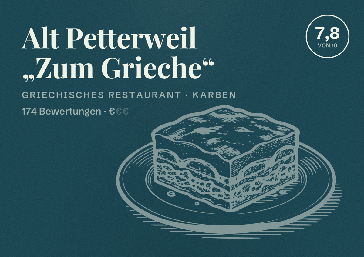 Illustriertes Poster von Alt Petterweil „Zum Grieche“, Griechisches Restaurant in Karben: Bewertung 7,8 von 10 aus 174 Bewertungen, Preisniveau €