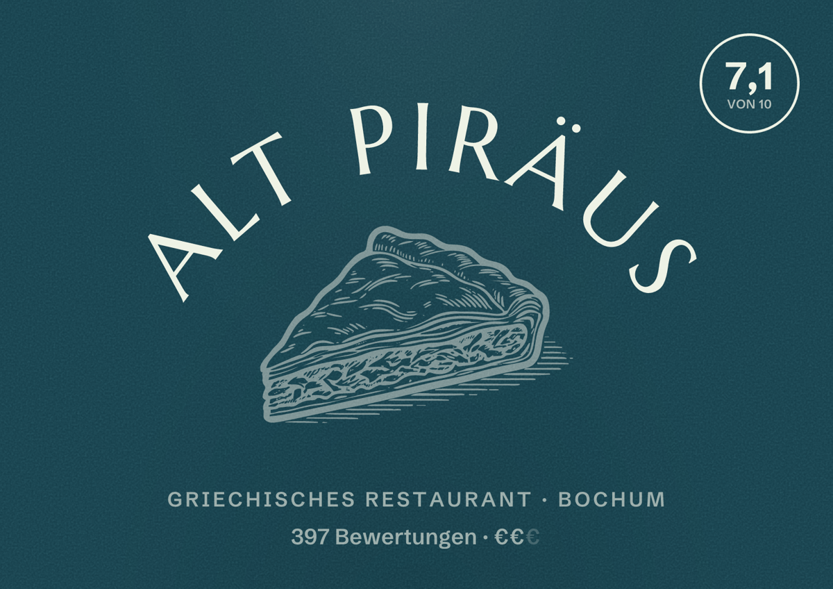 Illustriertes Poster von Alt Piräus, Griechisches Restaurant in Bochum: Bewertung 7,1 von 10 aus 397 Bewertungen, Preisniveau €€