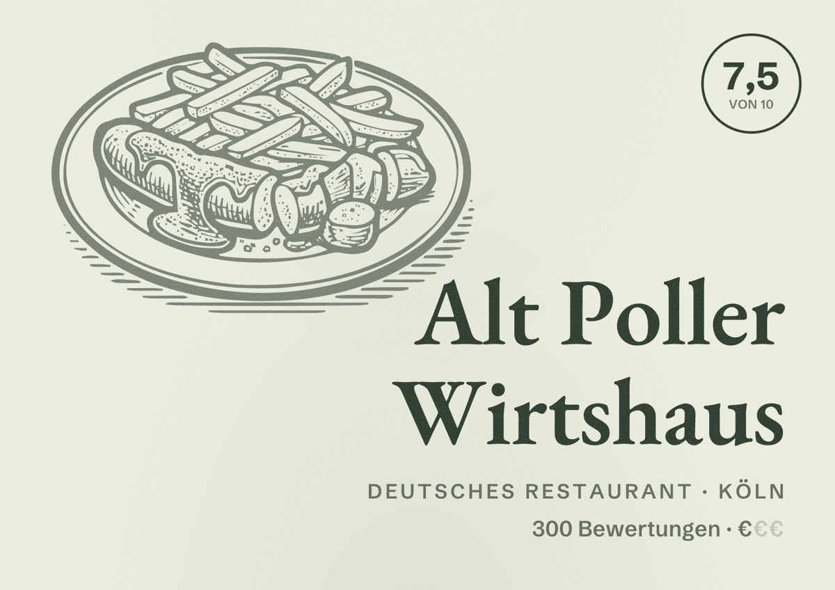 Illustriertes Poster von Alt Poller Wirtshaus, Deutsches Restaurant in Köln: Bewertung 7,5 von 10 aus 300 Bewertungen, Preisniveau €