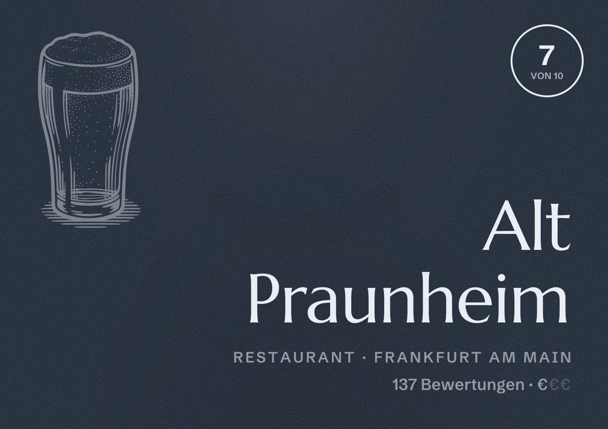 Illustriertes Poster von Alt Praunheim, Restaurant in Frankfurt am Main: Bewertung 7 von 10 aus 137 Bewertungen, Preisniveau €