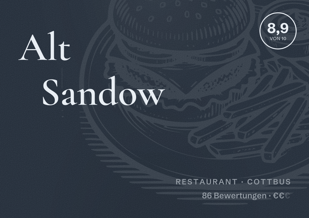 Illustriertes Poster von Alt Sandow, Restaurant in Cottbus: Bewertung 8,9 von 10 aus 86 Bewertungen, Preisniveau €€
