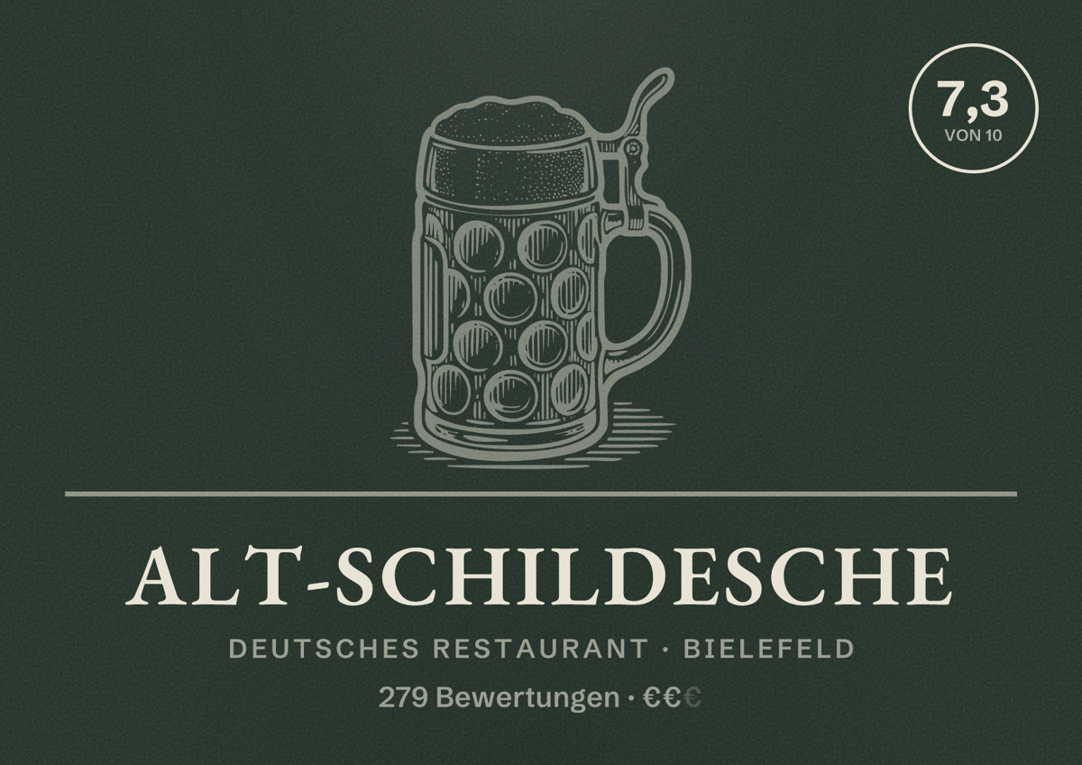 Illustriertes Poster von Alt-Schildesche, Deutsches Restaurant in Bielefeld: Bewertung 7,3 von 10 aus 279 Bewertungen, Preisniveau €€