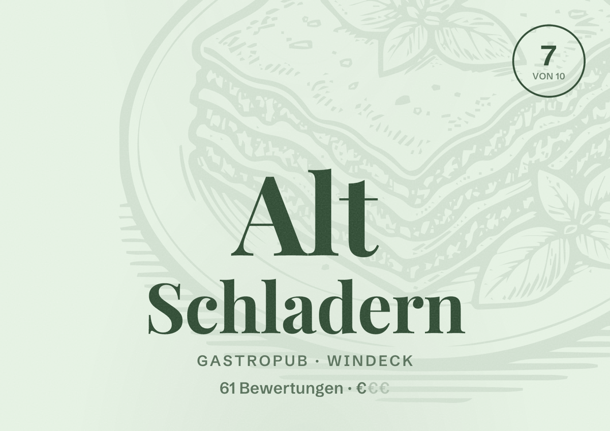 Illustriertes Poster von Alt Schladern, Gastropub in Windeck: Bewertung 7 von 10 aus 61 Bewertungen, Preisniveau €