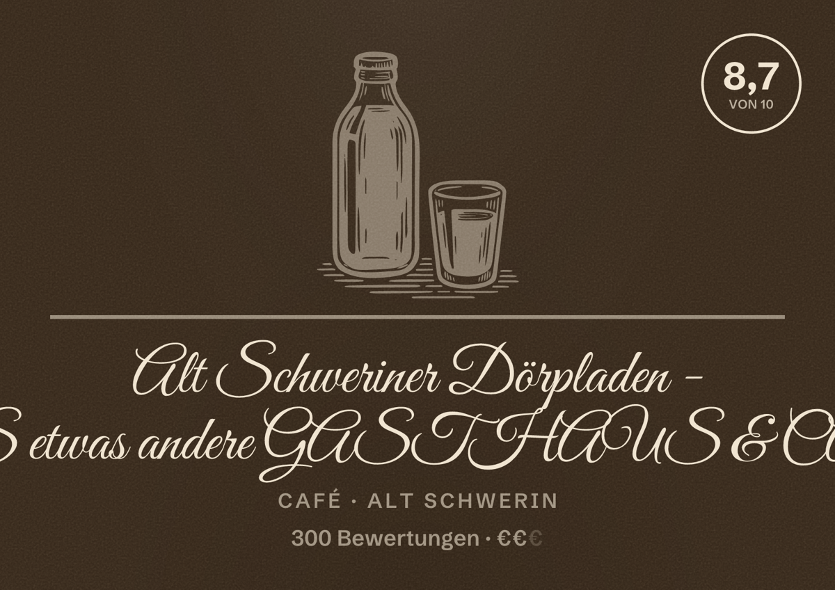 Illustriertes Poster von Alt Schweriner Dörpladen - DAS etwas andere GASTHAUS & CAFÉ, Café in Alt Schwerin: Bewertung 8,7 von 10 aus 300 Bewertungen, Preisniveau €€