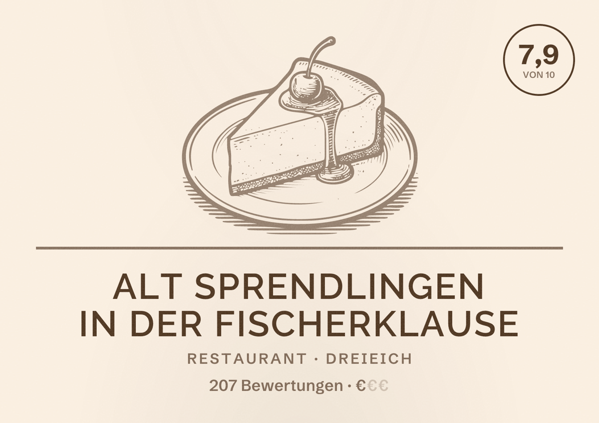 Illustriertes Poster von Alt Sprendlingen in der Fischerklause, Restaurant in Dreieich: Bewertung 7,9 von 10 aus 207 Bewertungen, Preisniveau €