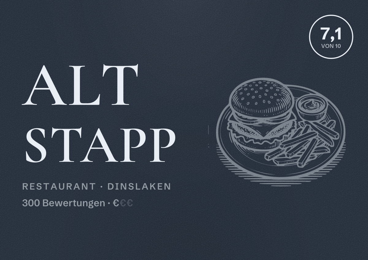 Illustriertes Poster von Alt Stapp, Restaurant in Dinslaken: Bewertung 7,1 von 10 aus 300 Bewertungen, Preisniveau €