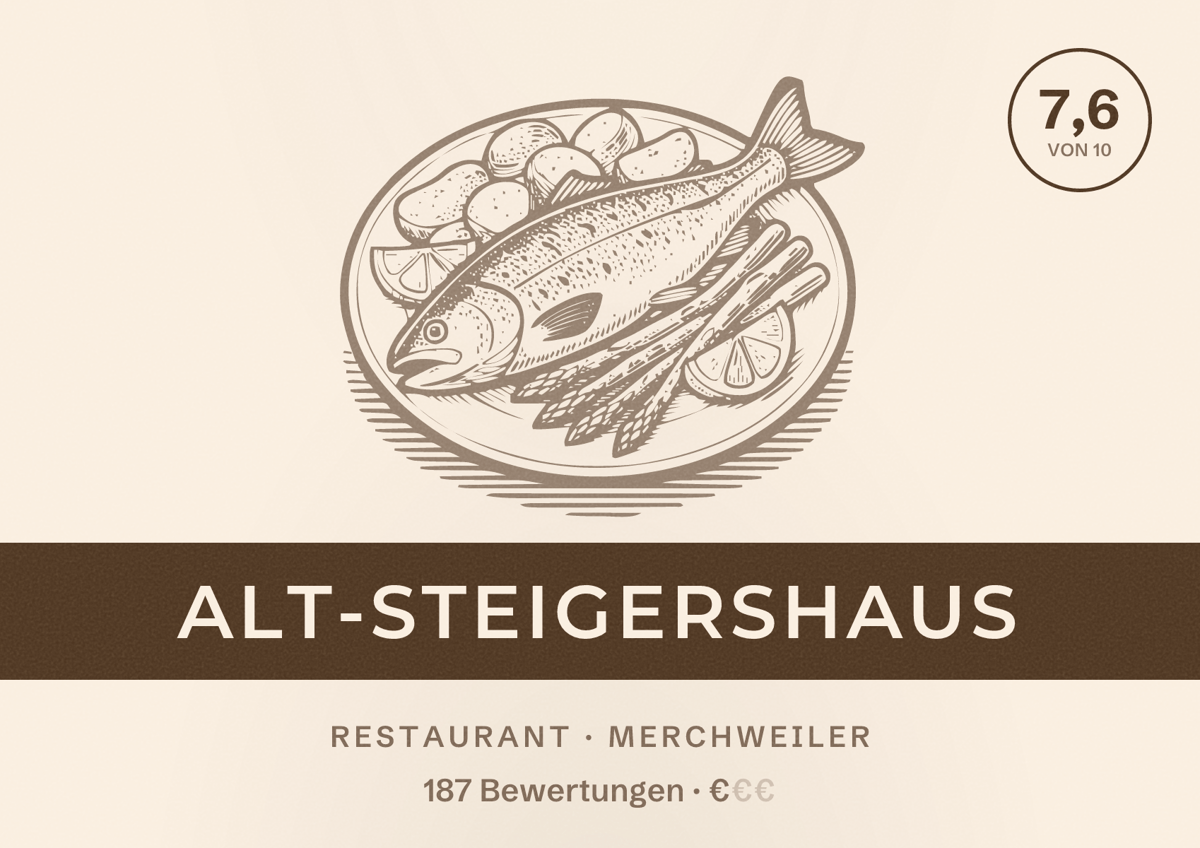 Illustriertes Poster von Alt-Steigershaus, Restaurant in Merchweiler: Bewertung 7,6 von 10 aus 187 Bewertungen, Preisniveau €