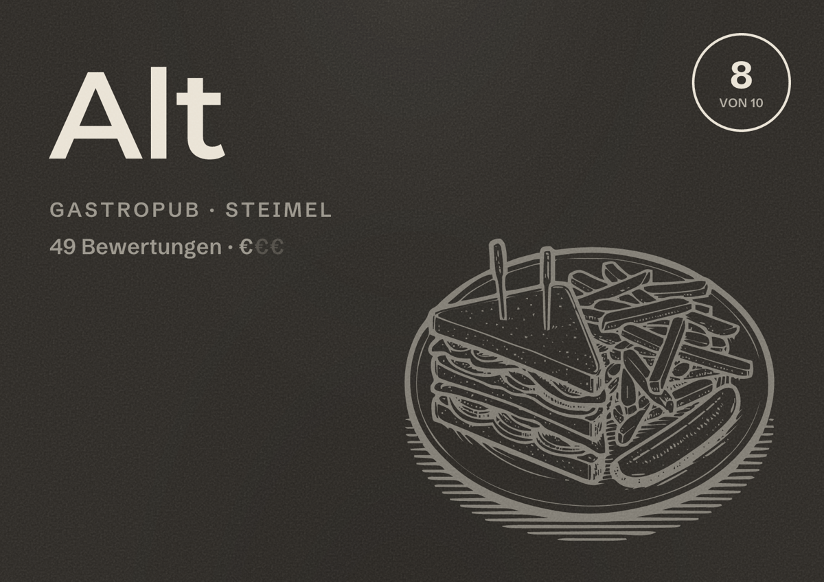 Illustriertes Poster von Alt, Gastropub in Steimel: Bewertung 8 von 10 aus 49 Bewertungen, Preisniveau €