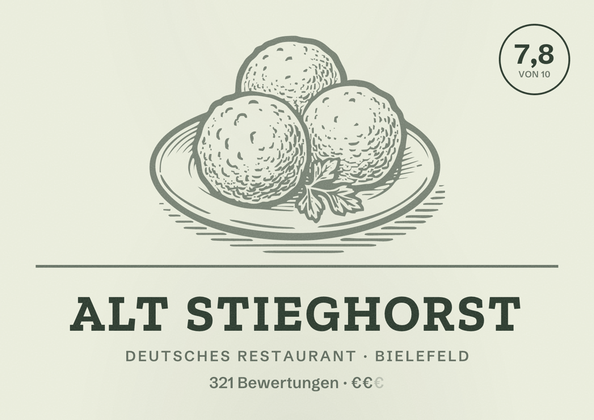 Illustriertes Poster von Alt Stieghorst, Deutsches Restaurant in Bielefeld: Bewertung 7,8 von 10 aus 321 Bewertungen, Preisniveau €€