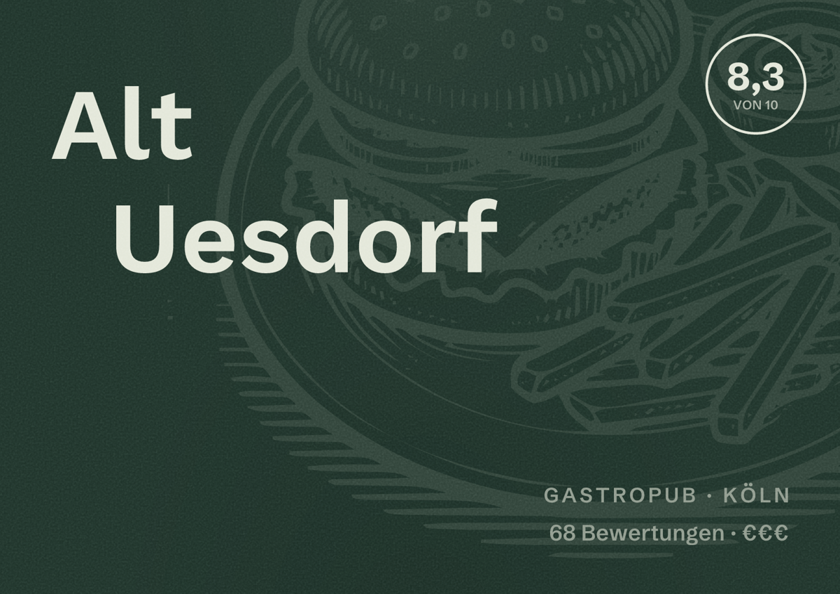 Illustriertes Poster von Alt Uesdorf, Gastropub in Köln: Bewertung 8,3 von 10 aus 68 Bewertungen, Preisniveau €€€
