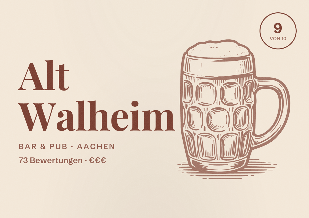Illustriertes Poster von Alt Walheim, Bar & Pub in Aachen: Bewertung 9 von 10 aus 73 Bewertungen, Preisniveau €€€