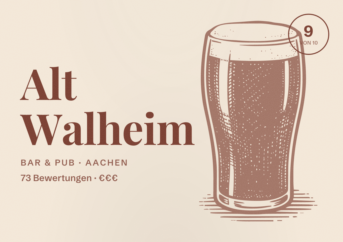 Illustriertes Poster von Alt Walheim, Bar & Pub in Aachen: Bewertung 9,0 von 10 aus 73 Bewertungen, Preisniveau €€€