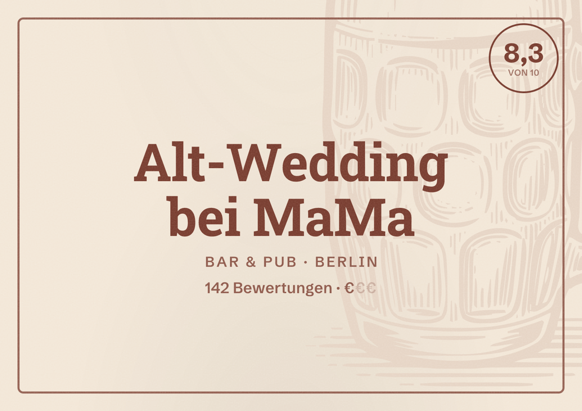 Illustriertes Poster von Alt-Wedding bei MaMa, Bar & Pub in Berlin: Bewertung 8,3 von 10 aus 142 Bewertungen, Preisniveau €