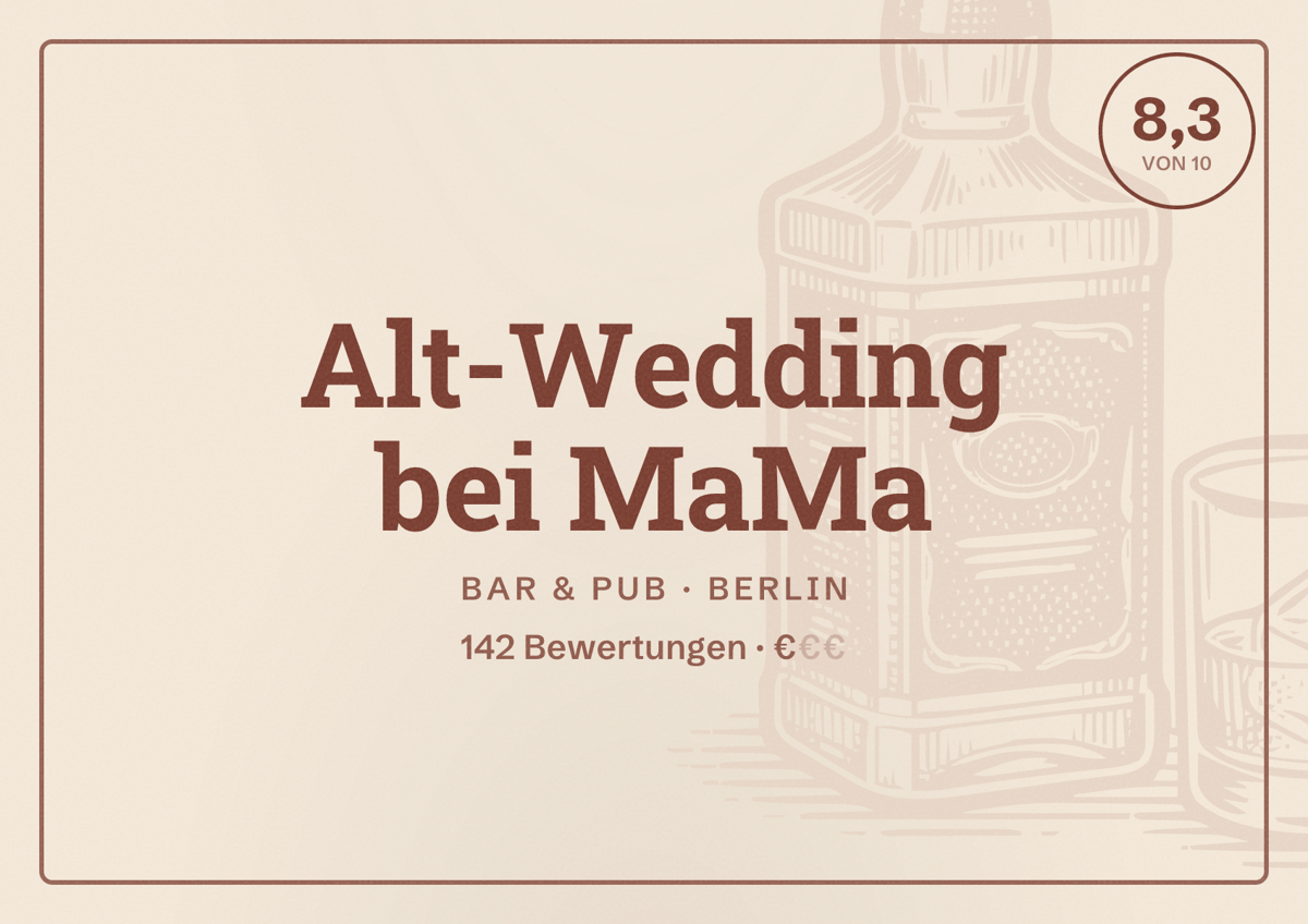 Illustriertes Poster von Alt-Wedding bei MaMa, Bar & Pub in Berlin: Bewertung 8,3 von 10 aus 142 Bewertungen, Preisniveau €